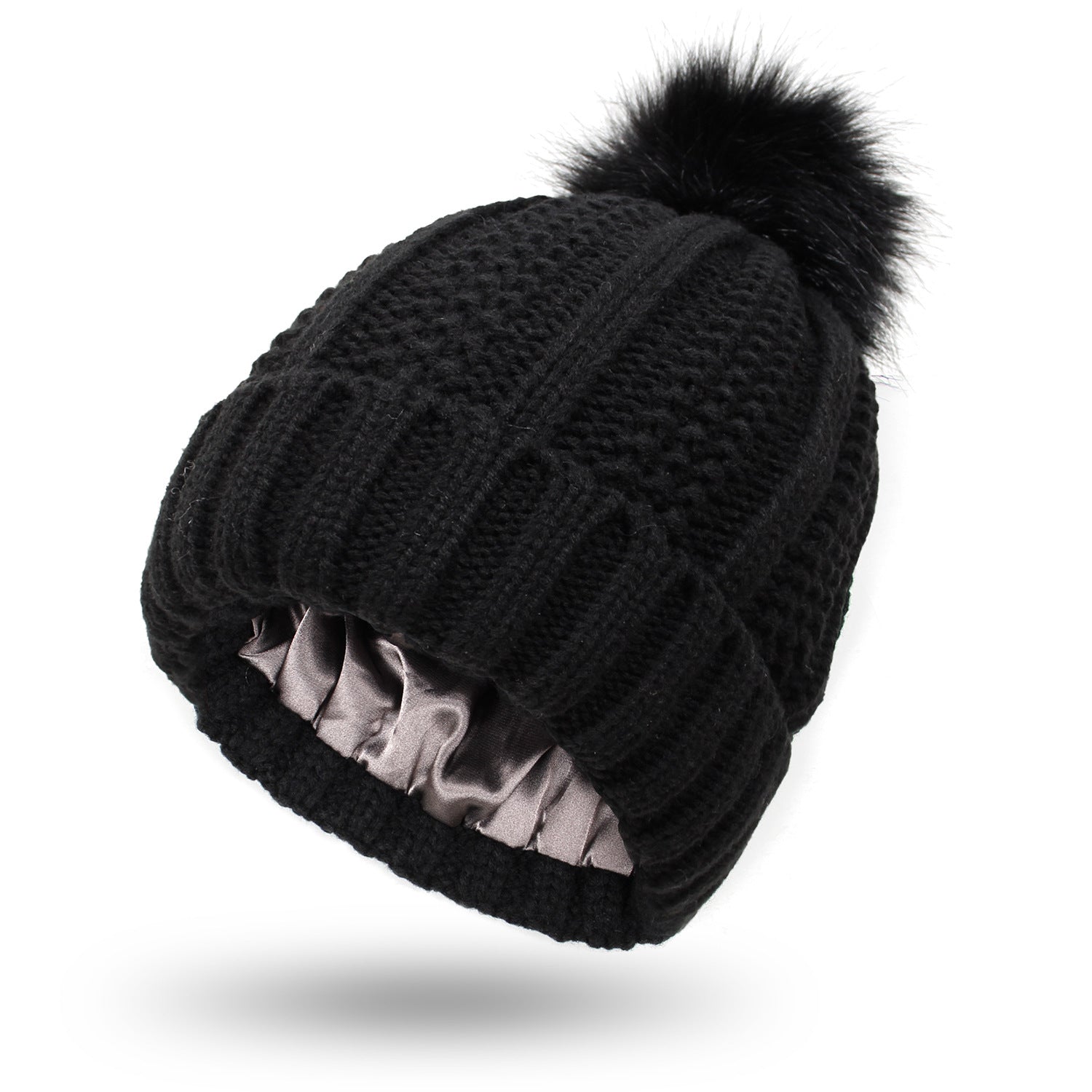 Winter Knitted Hats Fashion Stretchy Lined Skull Hats For Women Faux Fur Pom Pom Hat Keep Warming Beanie Hat